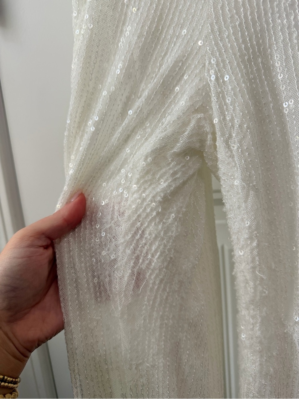 White Sequins Jumpsuit with Faux-Fur Trim - Picture 7 of 10